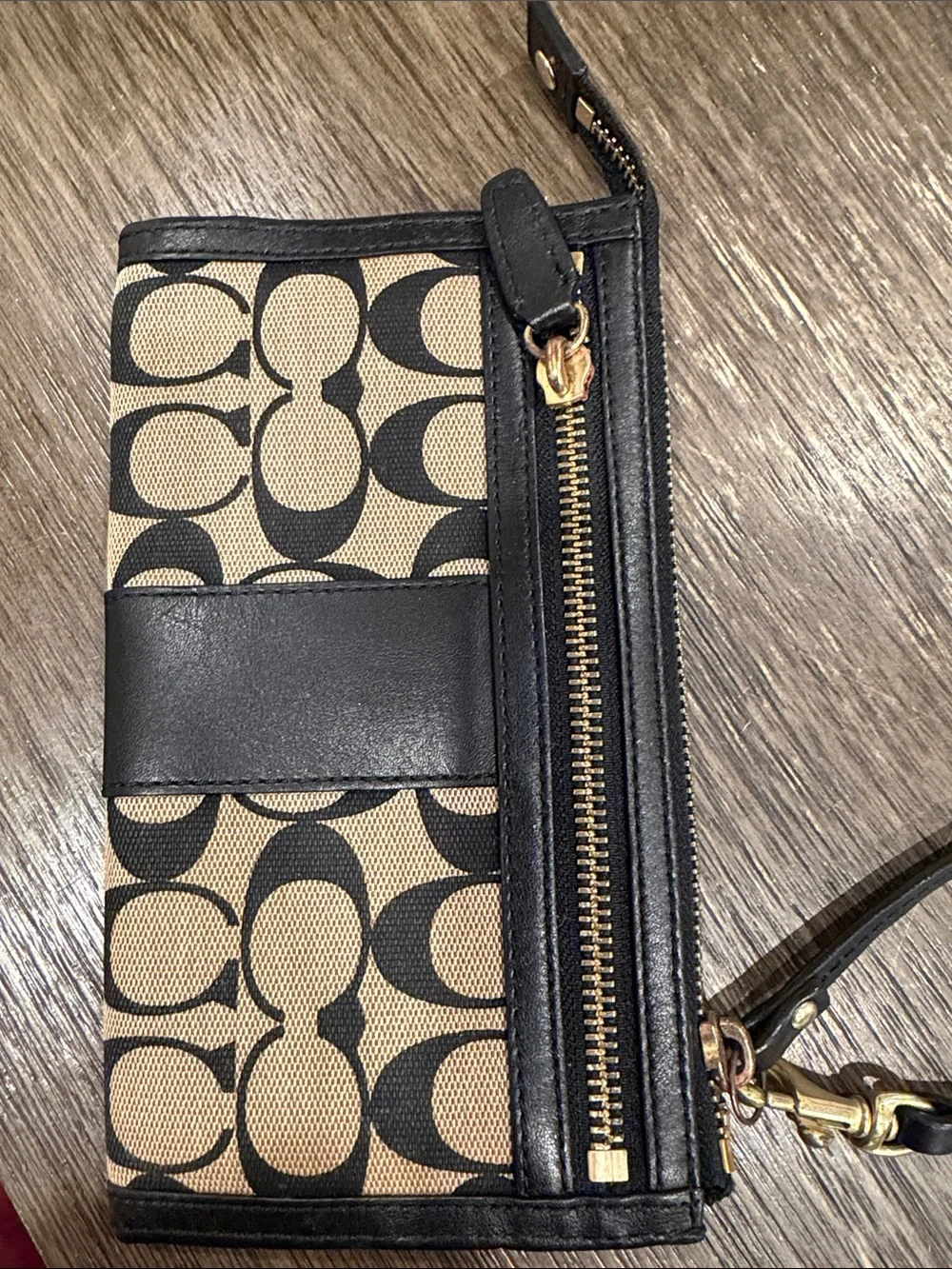 Coach Canvas Signature Zip Wristlet in Khaki and Black
